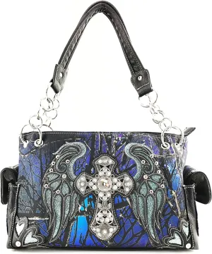 Justin West Camouflage Tree Bling Rhinestone Angel Wing Cross Shoulder Concealed Carry Handbag Purse
