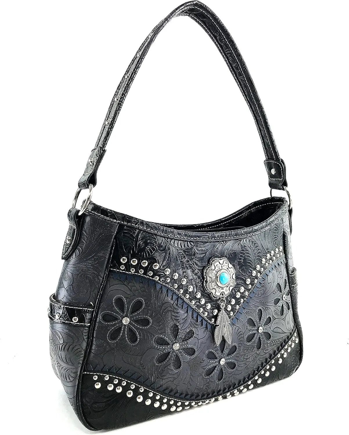 Justin West Cowgirl Leather Cut Concealed Carry Feather Concho Country Vintage Western Handbag Purse Wallet Set