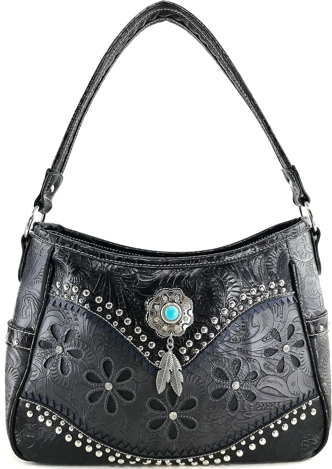 Justin West Cowgirl Leather Cut Concealed Carry Feather Concho Country Vintage Western Handbag Purse Wallet Set