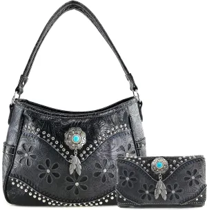 Justin West Cowgirl Leather Cut Concealed Carry Feather Concho Country Vintage Western Handbag Purse Wallet Set
