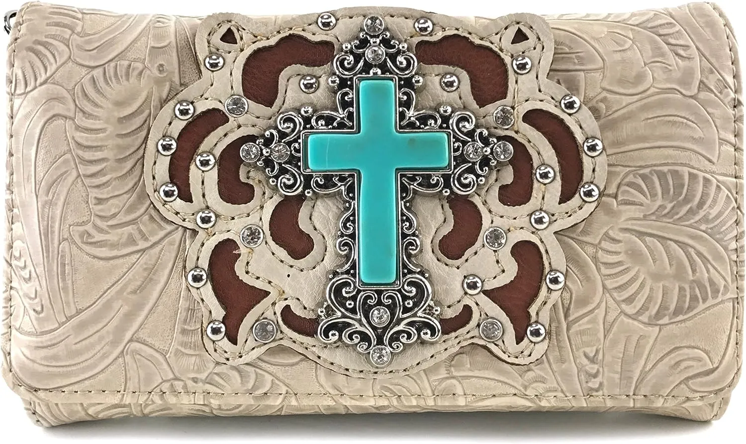 Justin West Embroidery Floral Glitter Bling Rhinestone Cross Shoulder Concealed Carry Handbag Purse Trifold Wallet