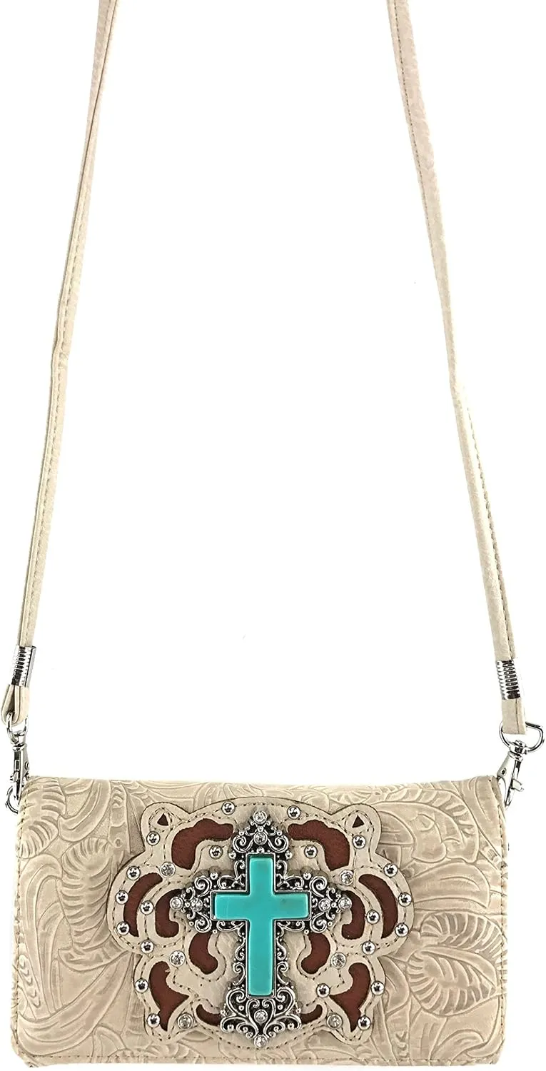 Justin West Embroidery Floral Glitter Bling Rhinestone Cross Shoulder Concealed Carry Handbag Purse Trifold Wallet