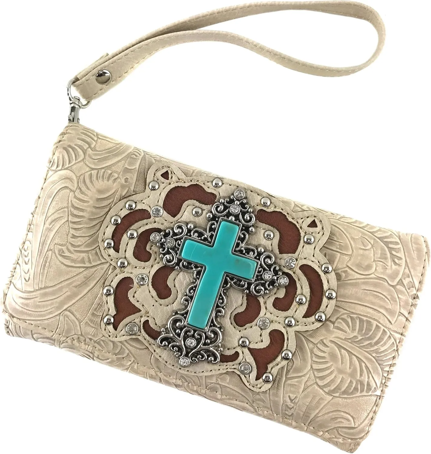 Justin West Embroidery Floral Glitter Bling Rhinestone Cross Shoulder Concealed Carry Handbag Purse Trifold Wallet