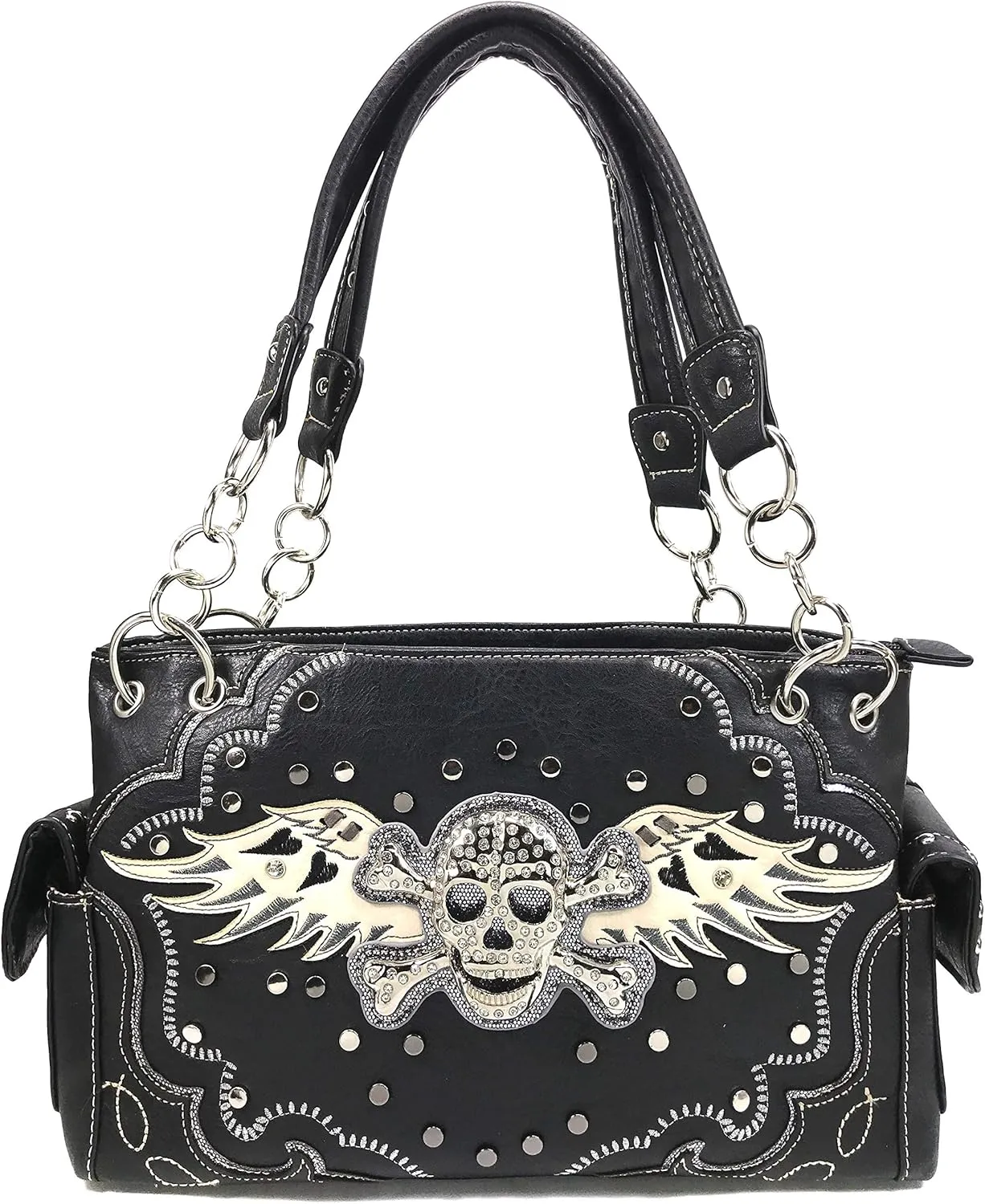 Justin West Fashion Floral Embroidery Rhinestone Skull Shoulder Concealed Carry Handbag Purse