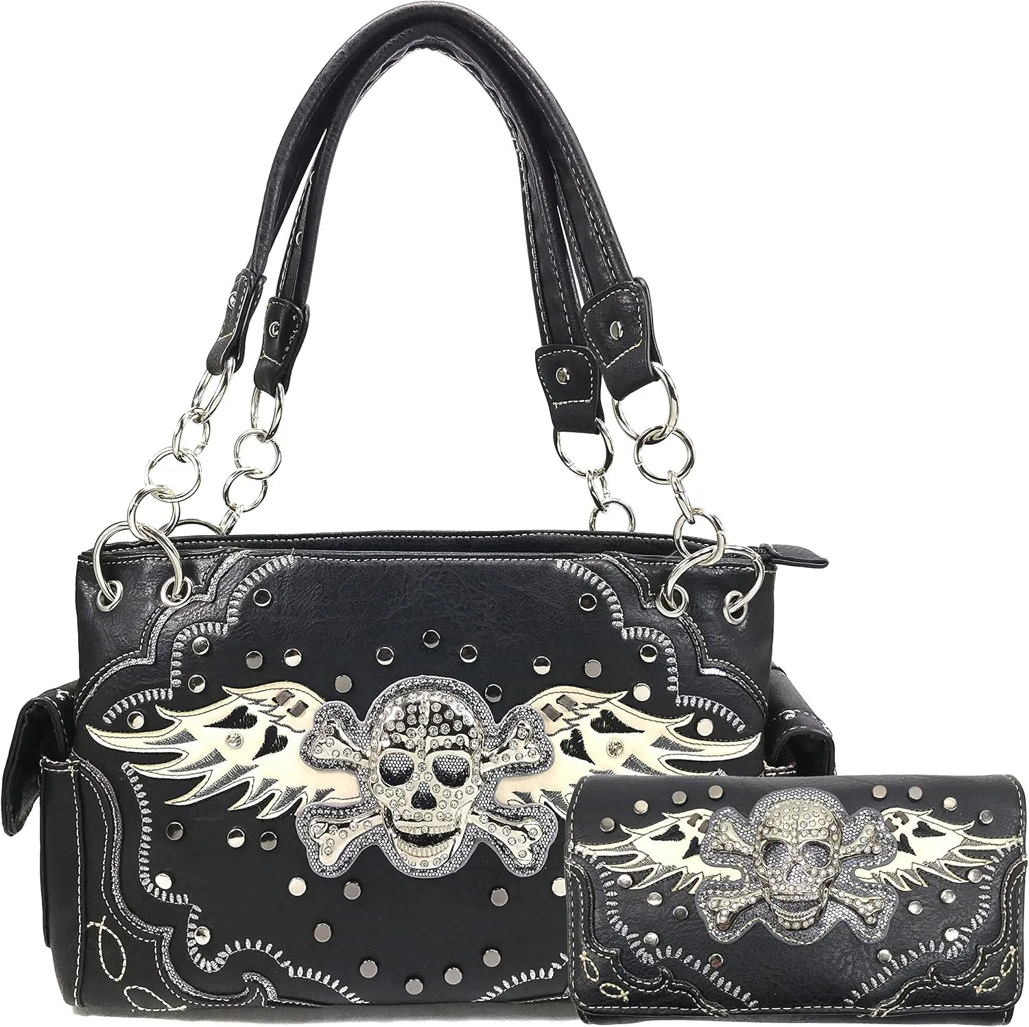 Justin West Fashion Floral Embroidery Rhinestone Skull Shoulder Concealed Carry Handbag Purse