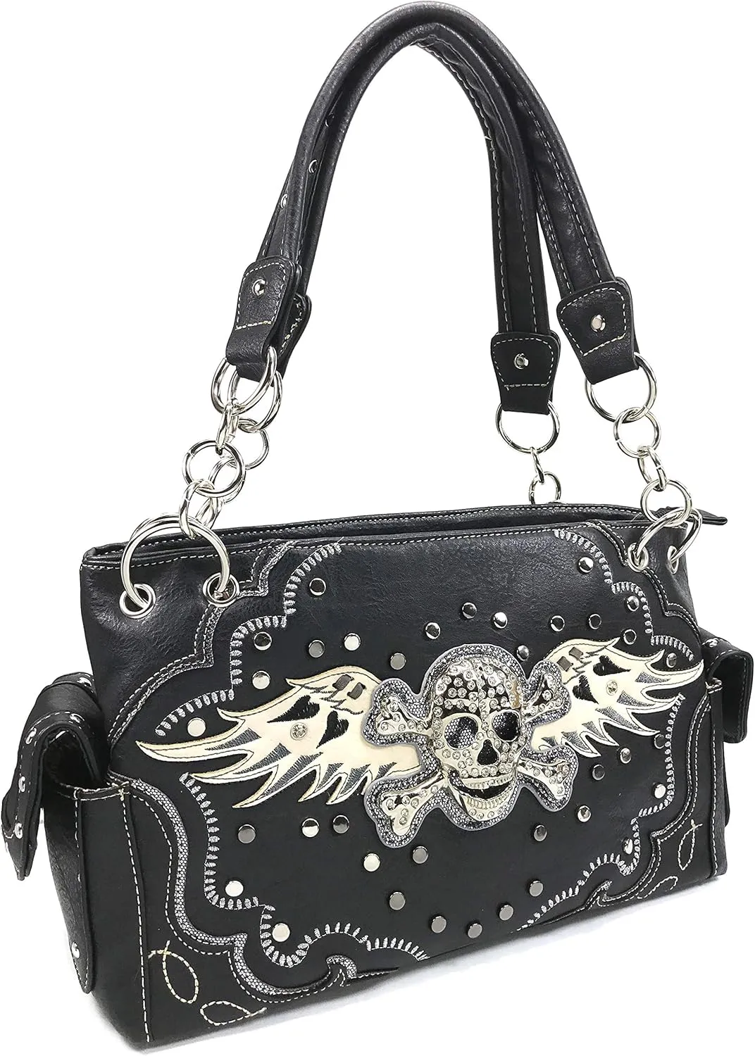 Justin West Fashion Floral Embroidery Rhinestone Skull Shoulder Concealed Carry Handbag Purse