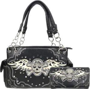 Justin West Fashion Floral Embroidery Rhinestone Skull Shoulder Concealed Carry Handbag Purse
