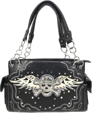 Justin West Fashion Floral Embroidery Rhinestone Skull Shoulder Concealed Carry Handbag Purse