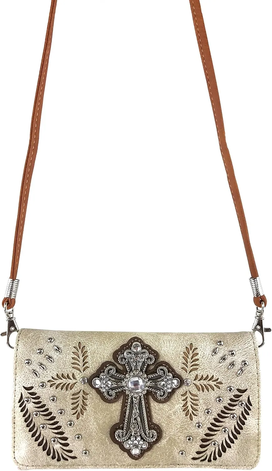 Justin West Floral Laser Cut Western Rhinestone Cross Handbag Purse Conceal Carry