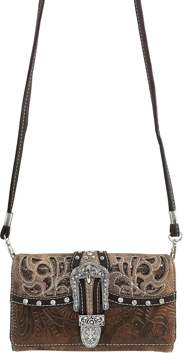 Justin West Gleaming Laser Cut Rhinestone Buckle Studded Concealed Carry Handbag Purse