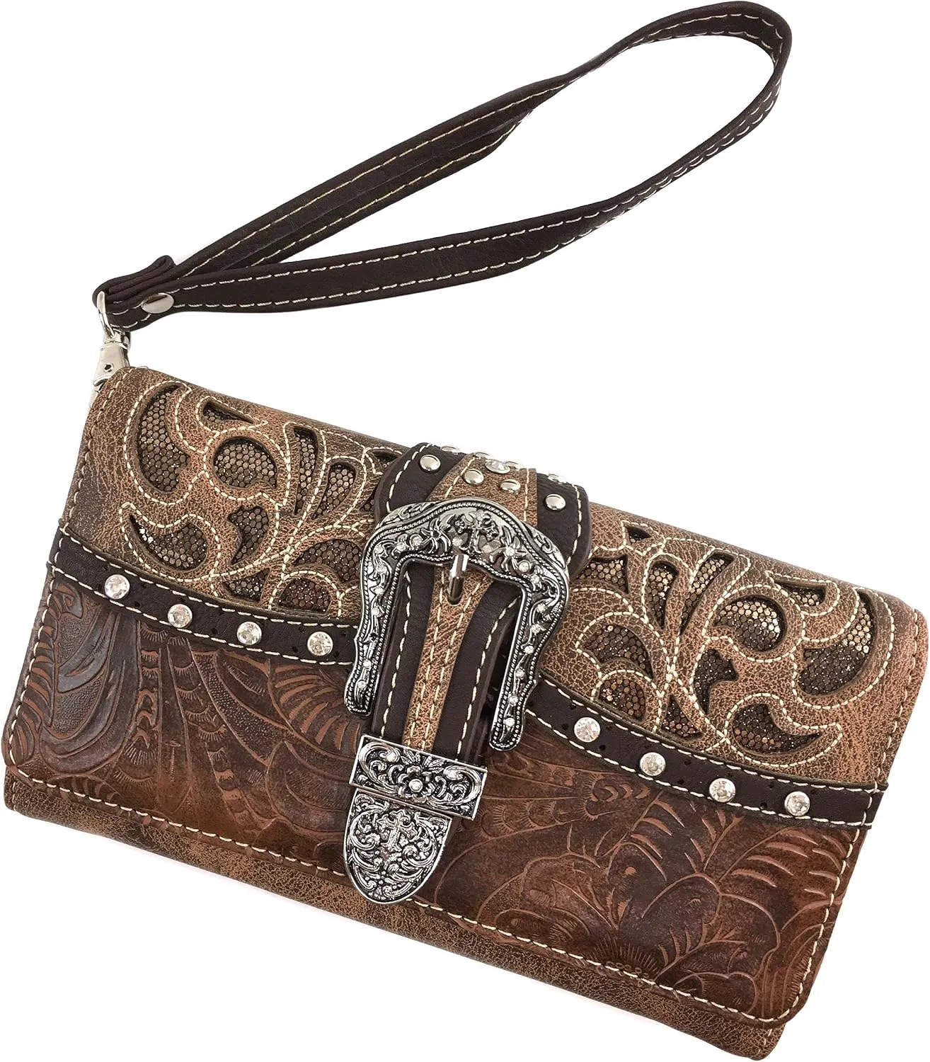 Justin West Gleaming Laser Cut Rhinestone Buckle Studded Concealed Carry Handbag Purse