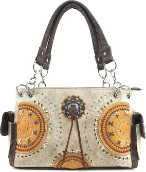 Justin West Native American Circle Mountain Gold Studs Embroidered Studded CCW Concealed Carry Shoulder Purse Handbag