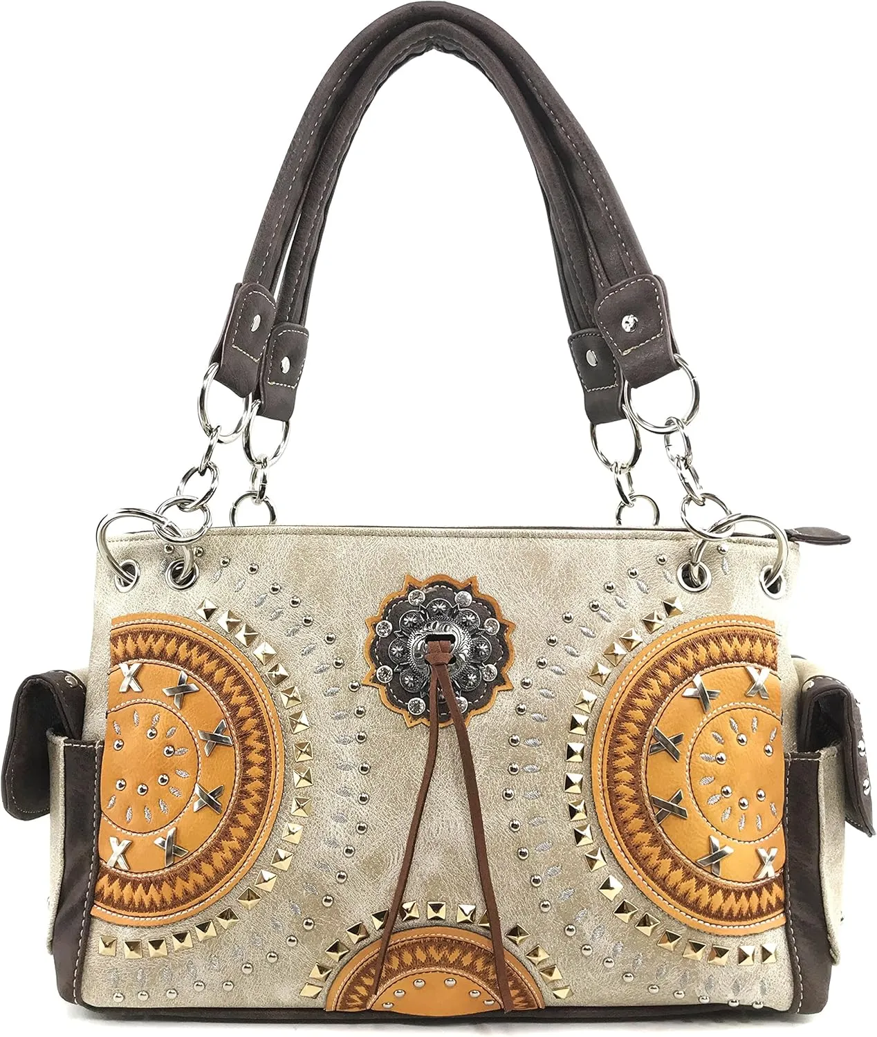 Justin West Native American Circle Mountain Gold Studs Embroidered Studded CCW Concealed Carry Shoulder Purse Handbag