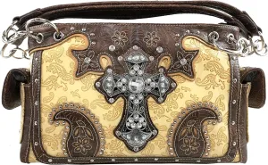 Justin West Paisley Embroidery Floral Tooled Leather Rhinestone Cross Shoulder Concealed Carry Handbag Purse