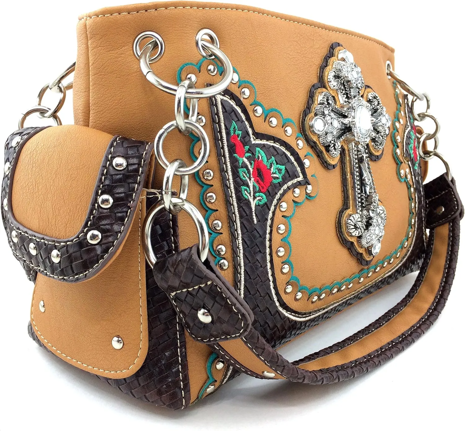 Justin West Rhinestone Cross Embroidery Floral Weave Pattern Concealed Carry Western Handbag Purse