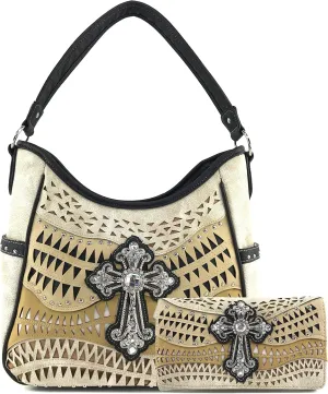 Justin West Studs Laser Cut Triangle Western Rhinestone Cross Handbag Purse Conceal Carry