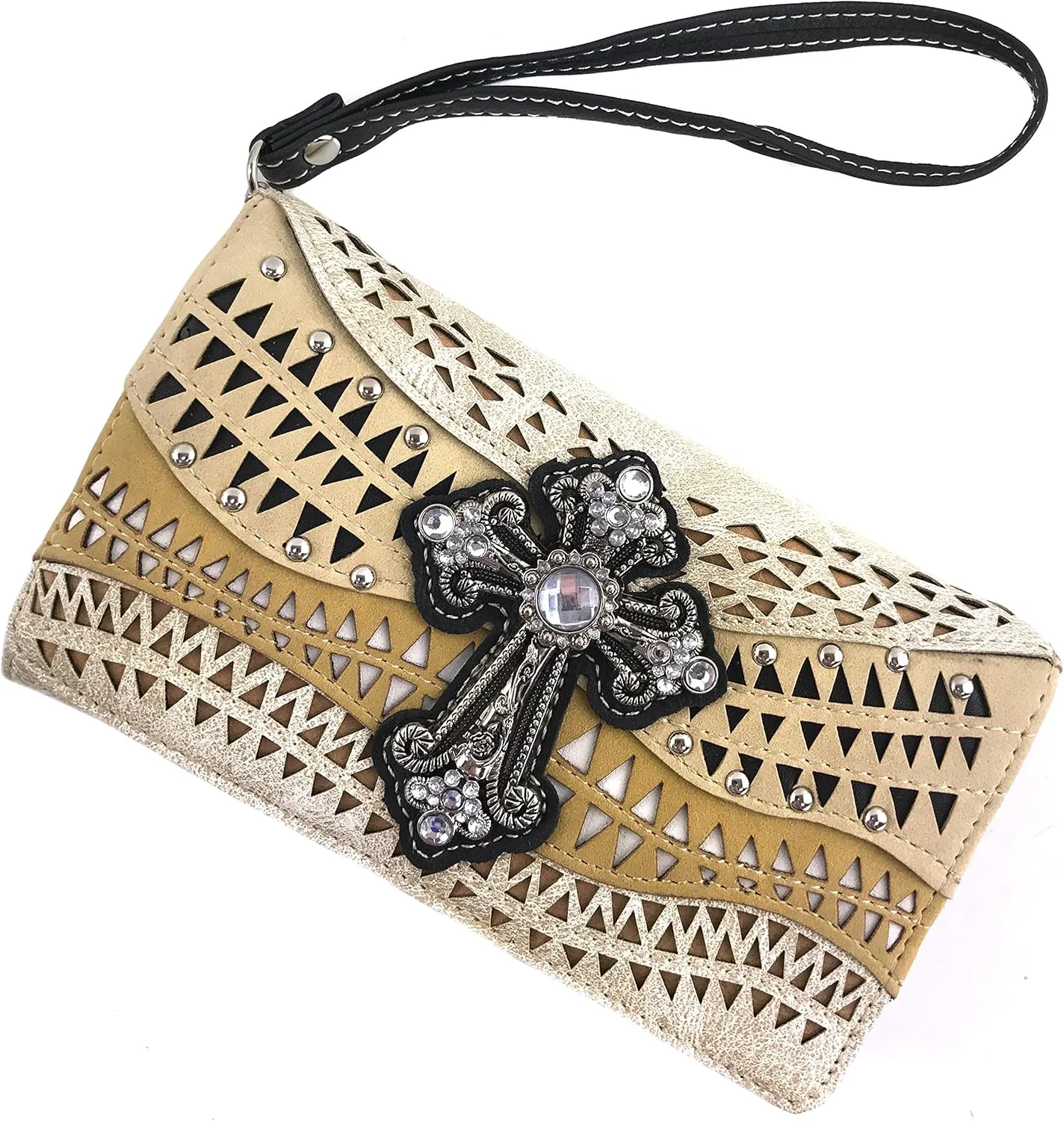 Justin West Studs Laser Cut Triangle Western Rhinestone Cross Handbag Purse Conceal Carry