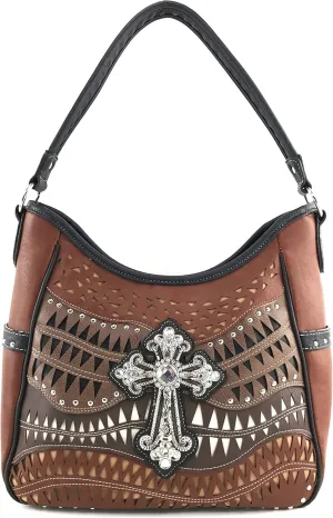 Justin West Studs Laser Cut Triangle Western Rhinestone Cross Handbag Purse Conceal Carry