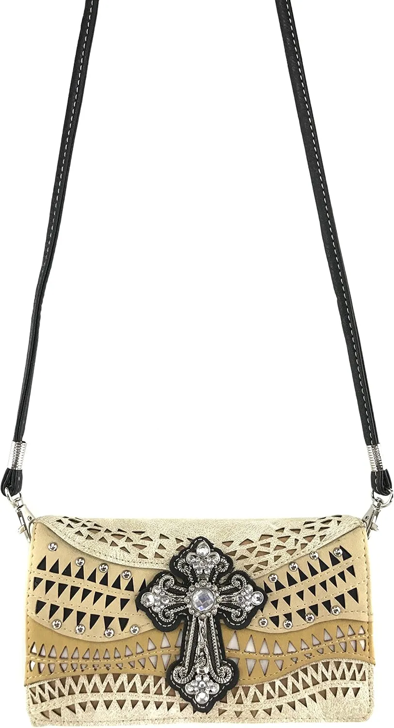 Justin West Studs Laser Cut Triangle Western Rhinestone Cross Handbag Purse Conceal Carry
