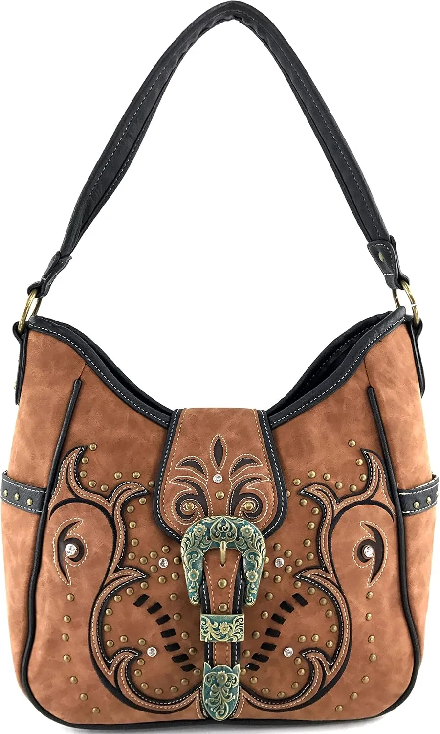 Justin West Tooled Floral Embroidery Buckle Studded Concealed Carry Tote Purse