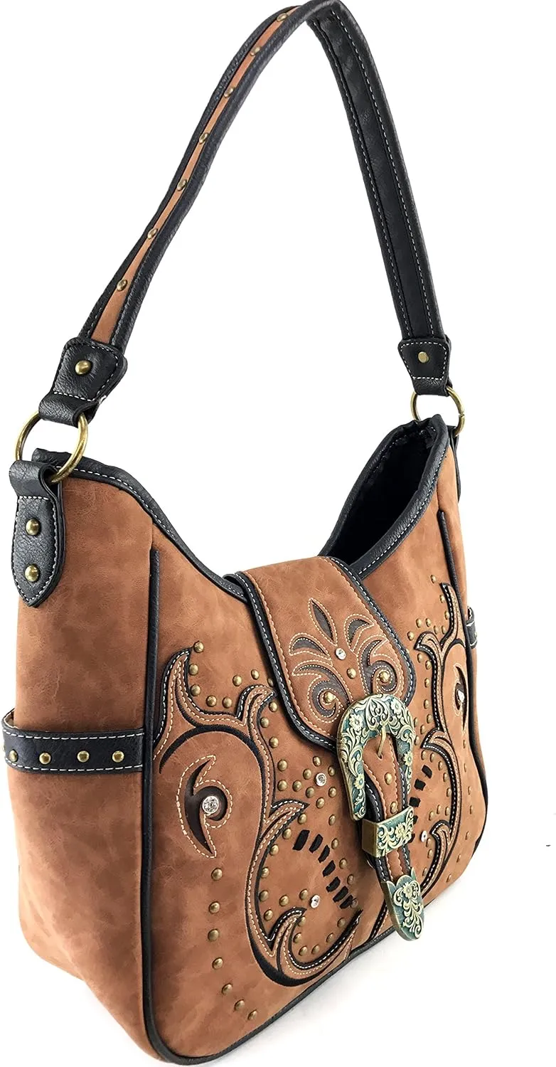Justin West Tooled Floral Embroidery Buckle Studded Concealed Carry Tote Purse
