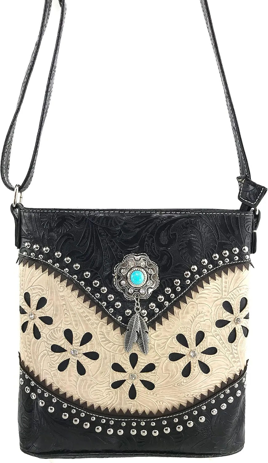 Justin West Turquoise Stone Concho Feathers Western Tooled Studs Concealed Carry Handbag Purse