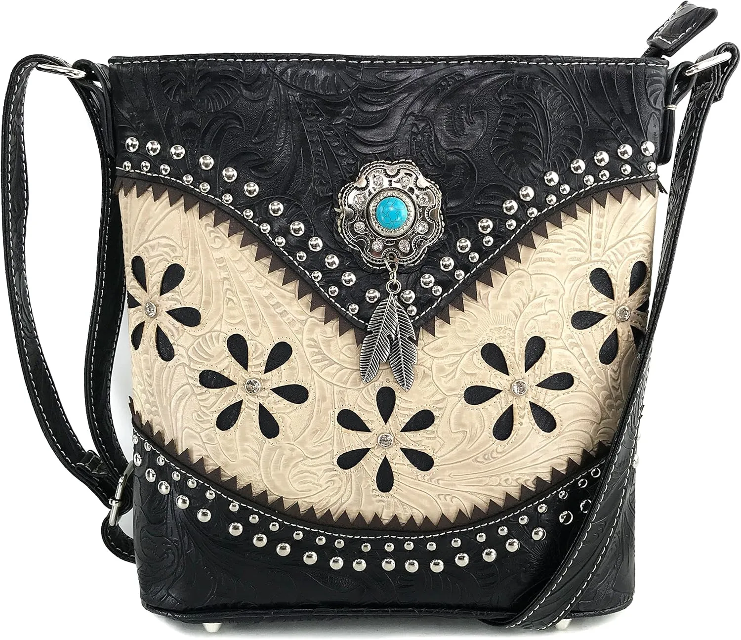 Justin West Turquoise Stone Concho Feathers Western Tooled Studs Concealed Carry Handbag Purse