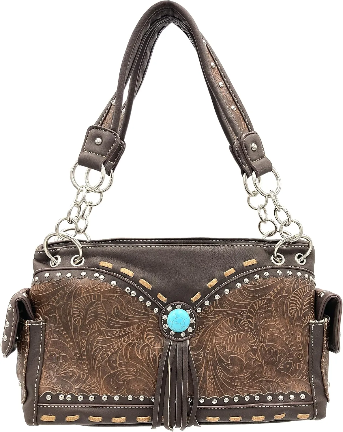 Justin West Western Rhinestone Cross Tote Purse Embroidery Floral Design Leather Concealed Carry Handbag
