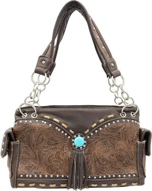 Justin West Western Rhinestone Cross Tote Purse Embroidery Floral Design Leather Concealed Carry Handbag