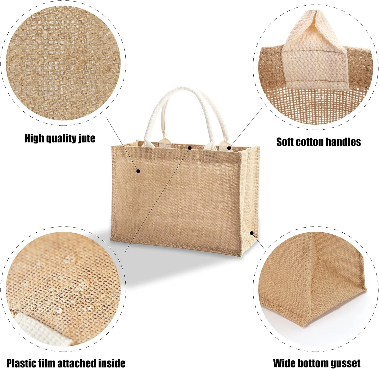 Jute Beach Bags, 14.5" x 6.7" x 10.2" Pack of 6 Burlap Tote Bags with handles Resuabale Grocery Bags Bridesmaid Bags Wedding Welcome Bags Tote Bags for DIY, Shopping, Beach