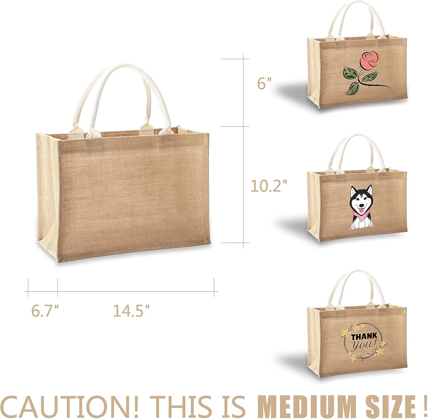 Jute Beach Bags, 14.5" x 6.7" x 10.2" Pack of 6 Burlap Tote Bags with handles Resuabale Grocery Bags Bridesmaid Bags Wedding Welcome Bags Tote Bags for DIY, Shopping, Beach