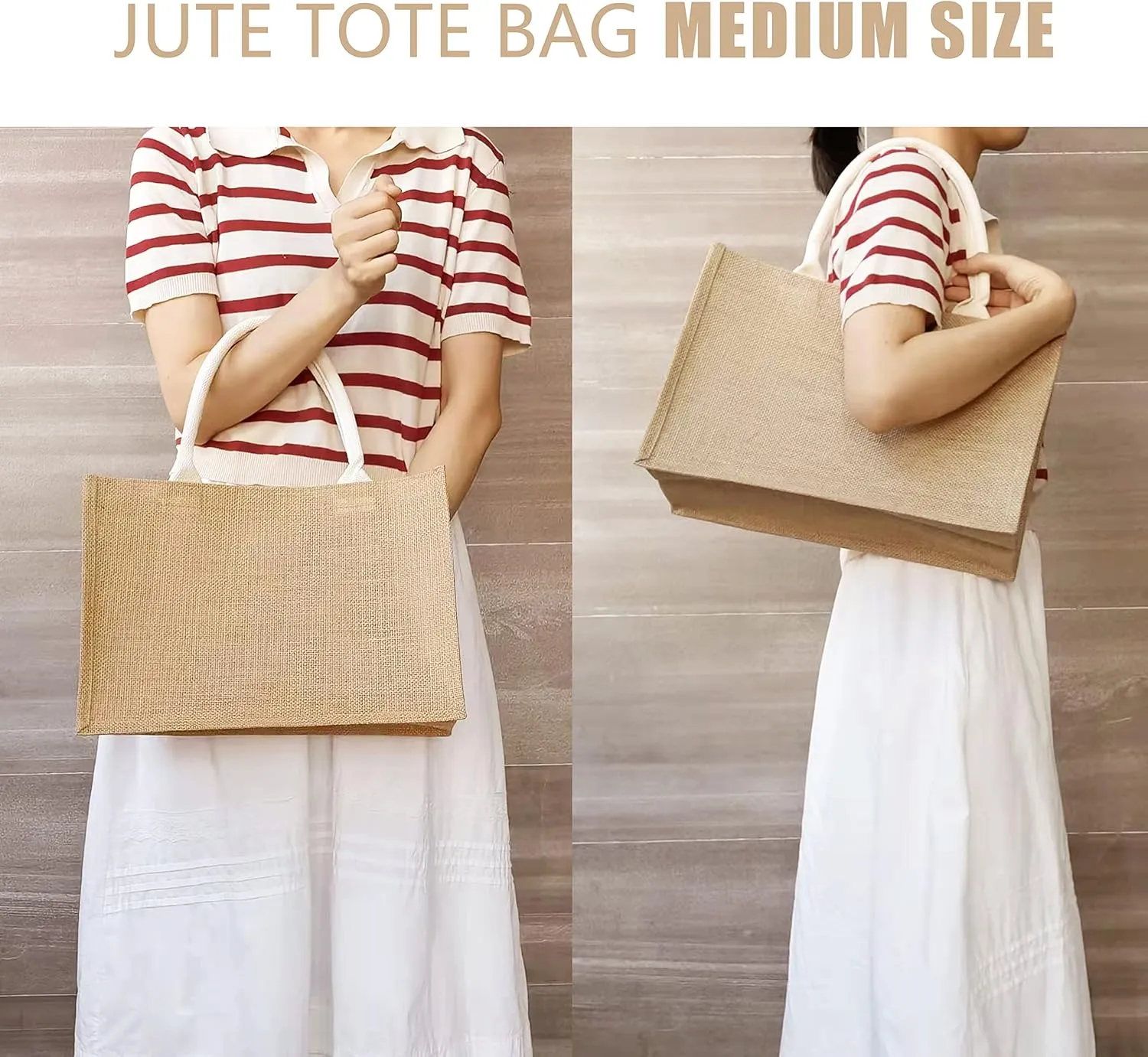 Jute Beach Bags, 14.5" x 6.7" x 10.2" Pack of 6 Burlap Tote Bags with handles Resuabale Grocery Bags Bridesmaid Bags Wedding Welcome Bags Tote Bags for DIY, Shopping, Beach