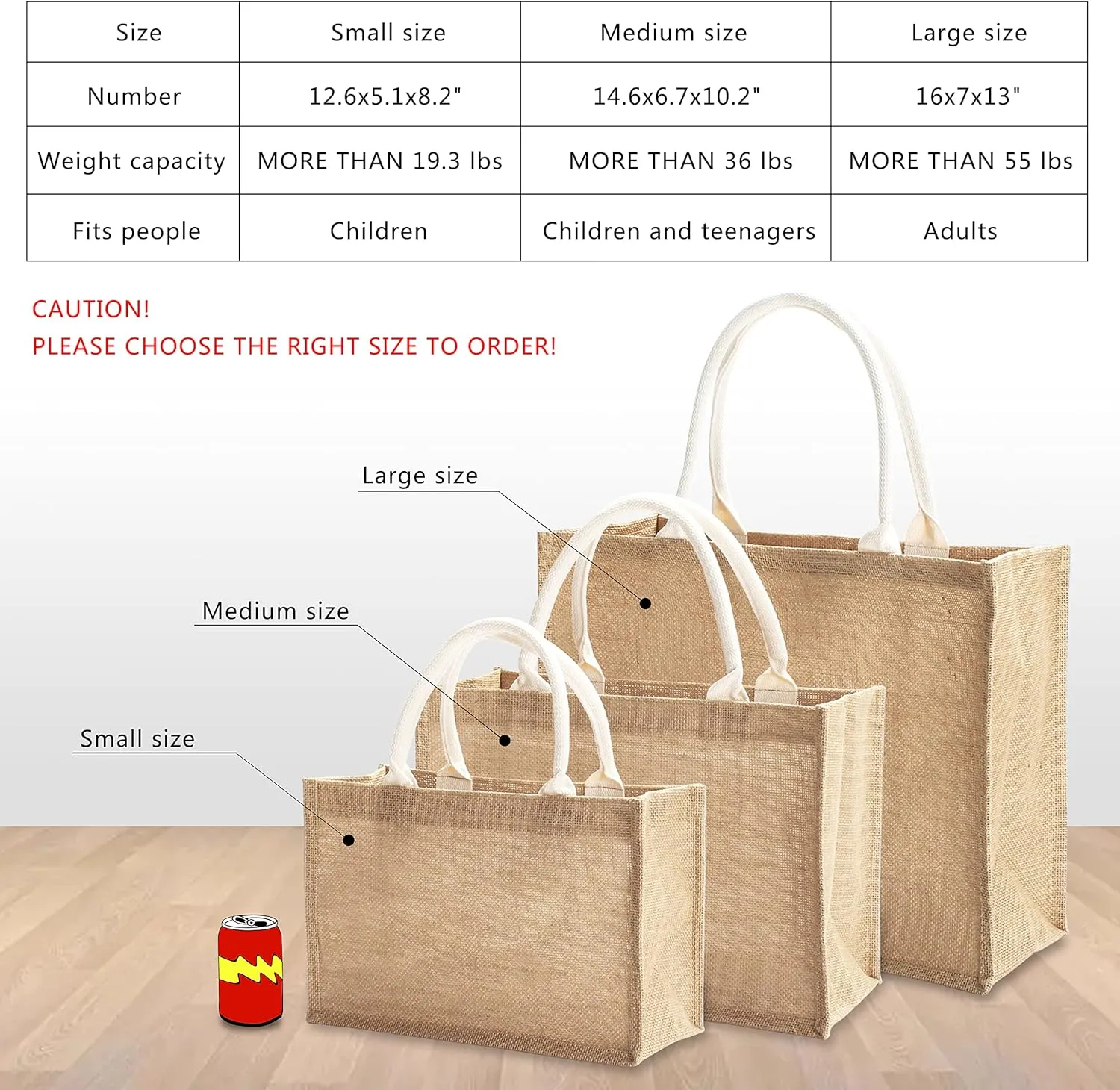 Jute Beach Bags, 14.5" x 6.7" x 10.2" Pack of 6 Burlap Tote Bags with handles Resuabale Grocery Bags Bridesmaid Bags Wedding Welcome Bags Tote Bags for DIY, Shopping, Beach