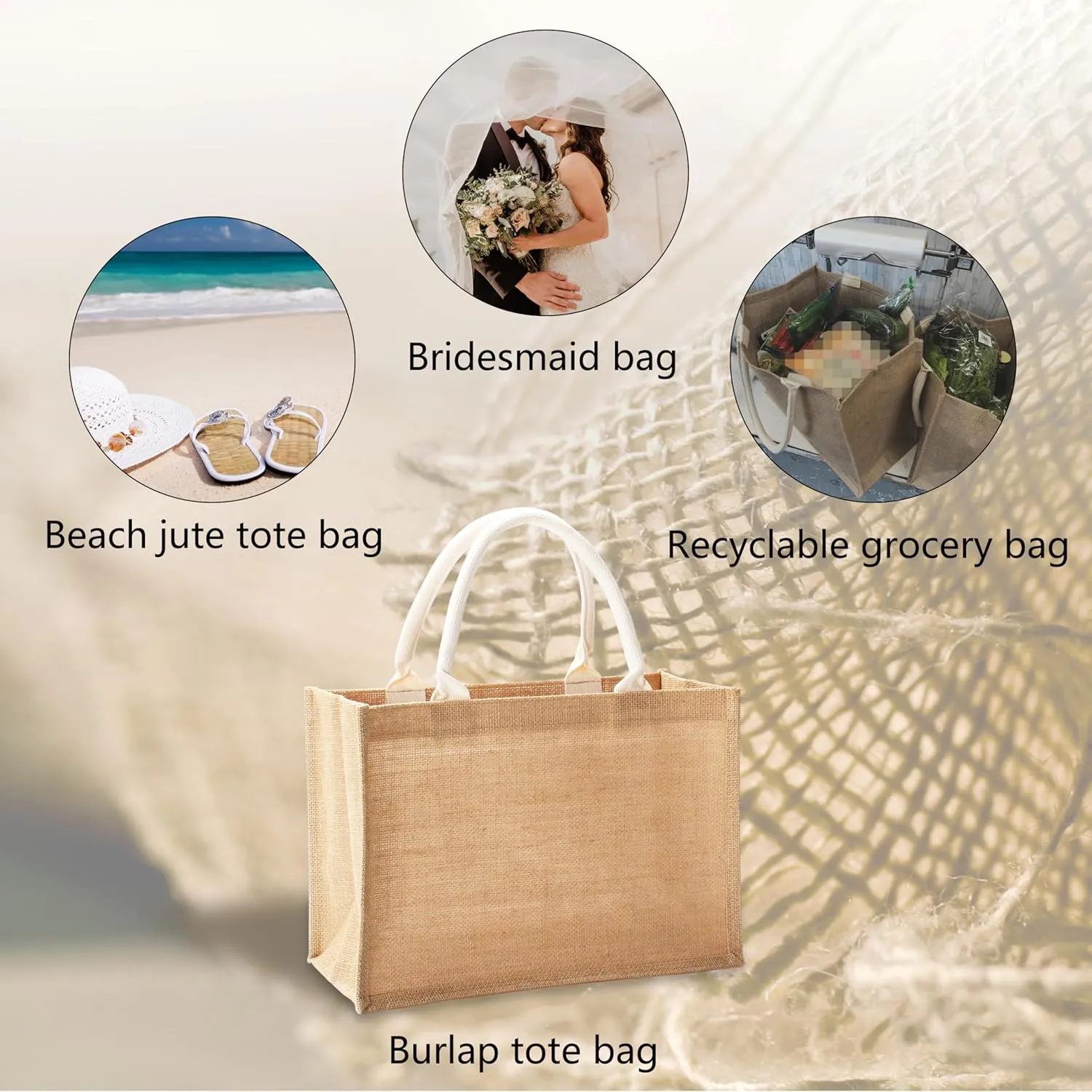 Jute Beach Bags, 14.5" x 6.7" x 10.2" Pack of 6 Burlap Tote Bags with handles Resuabale Grocery Bags Bridesmaid Bags Wedding Welcome Bags Tote Bags for DIY, Shopping, Beach
