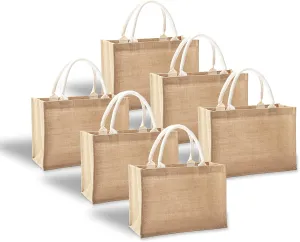 Jute Beach Bags, 14.5" x 6.7" x 10.2" Pack of 6 Burlap Tote Bags with handles Resuabale Grocery Bags Bridesmaid Bags Wedding Welcome Bags Tote Bags for DIY, Shopping, Beach