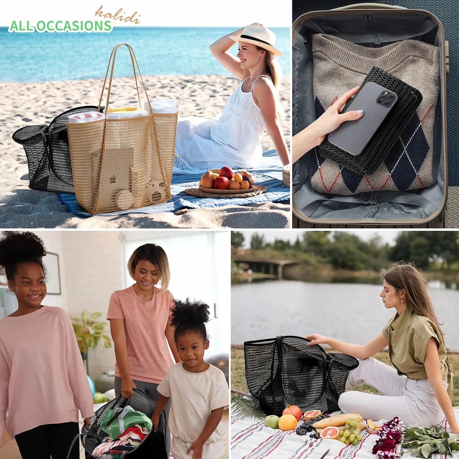 KALIDI BeachNylon Mesh Tote Bag, Casual Tote Bag Hobo Women Foldable MAX 23L Shoulder Bag For Beach Picnic Vacation
