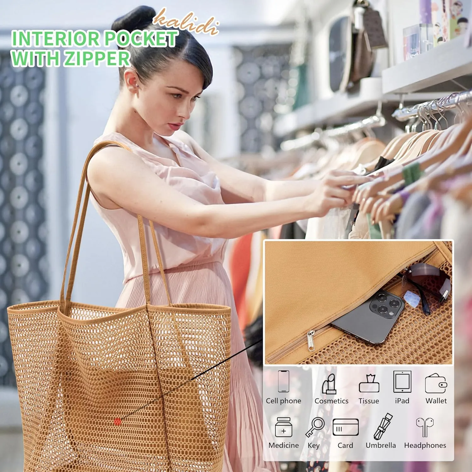 KALIDI BeachNylon Mesh Tote Bag, Casual Tote Bag Hobo Women Foldable MAX 23L Shoulder Bag For Beach Picnic Vacation