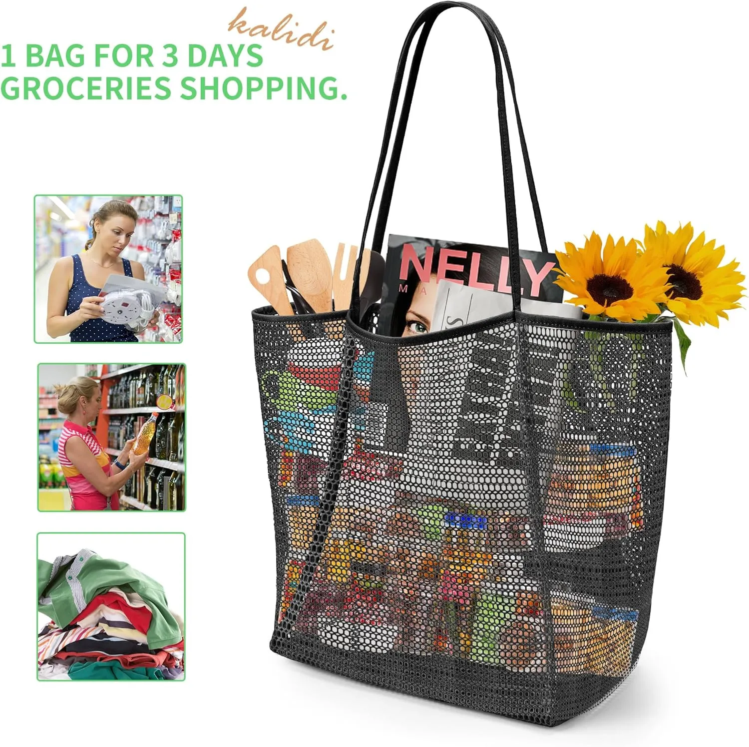 KALIDI BeachNylon Mesh Tote Bag, Casual Tote Bag Hobo Women Foldable MAX 23L Shoulder Bag For Beach Picnic Vacation