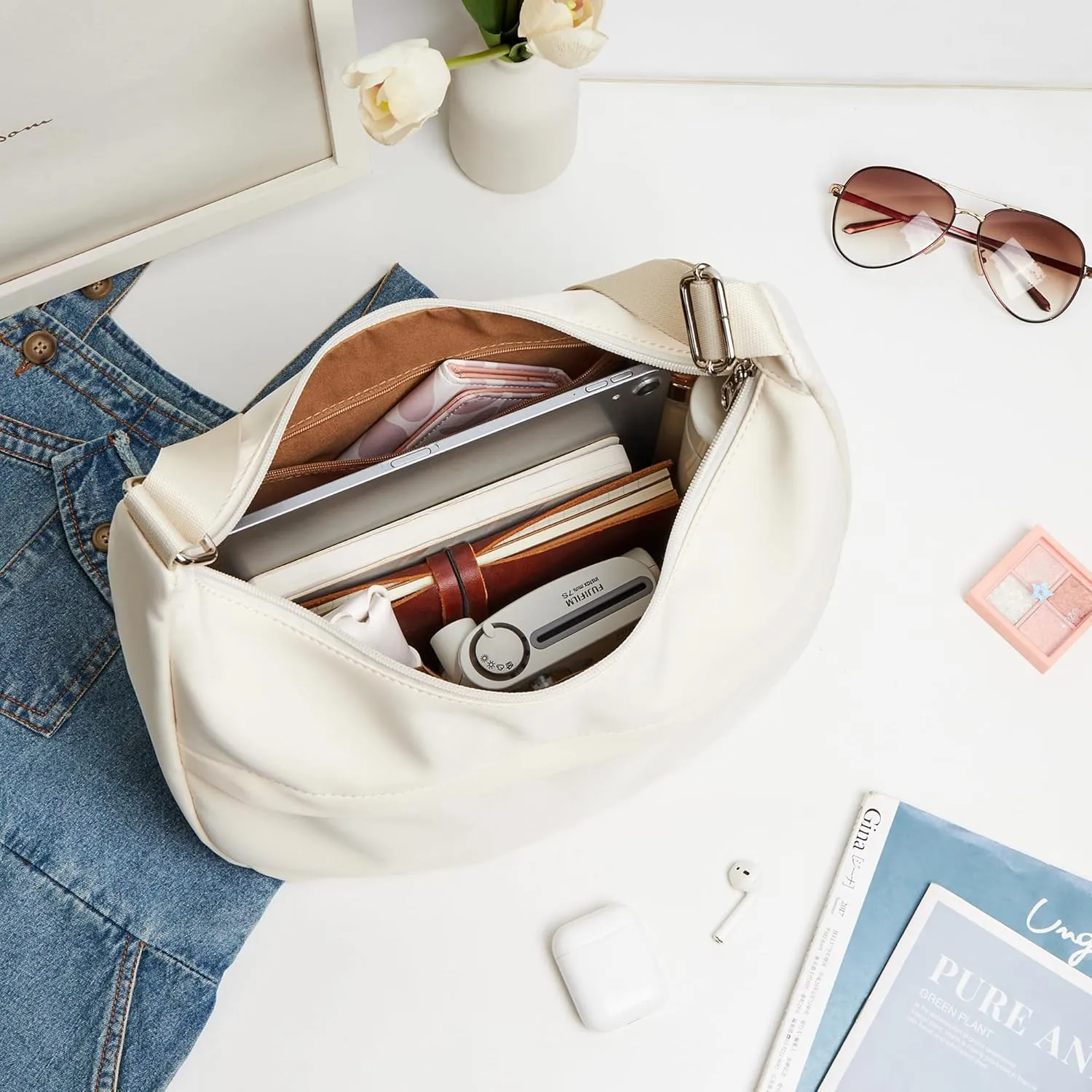 KALIDI Nylon Crescent Bag Medium Casual Shoulder Crossbody Purse with External Pocket for Women Men Travel