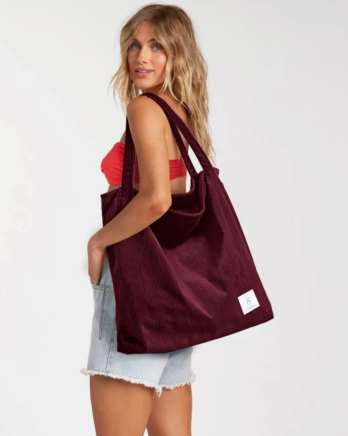 KALIDI Women Corduroy Tote Bag Zipper Casual Tote's Handbag Big Capacity Shoulder Bag with Pockets