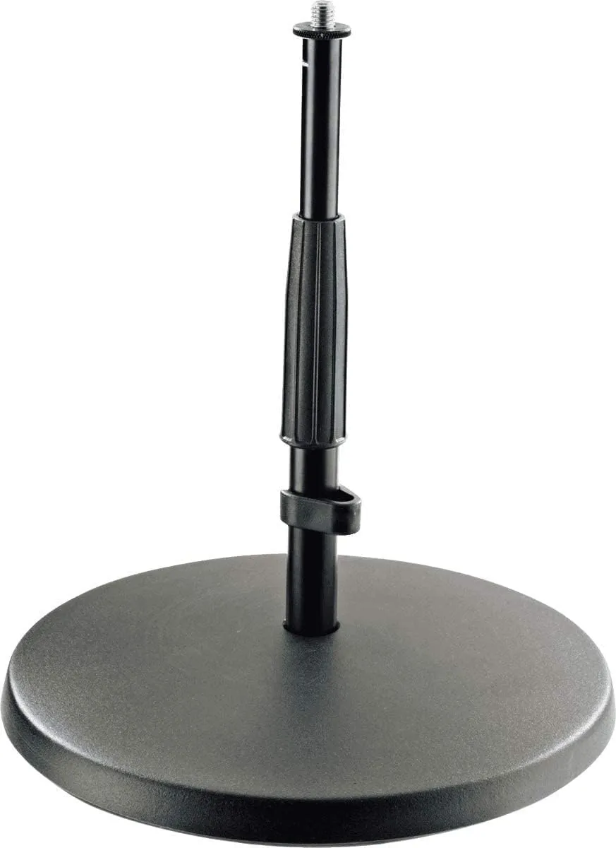 K&M König & Meyer 23320.500.55 Low-Profile Microphone Stand | Short Mic Stand for Amps & Drums | 8.543 to 13.661” Height with Adjustable Clutch | Round Cast-Iron Base and 5/8" Thread Connector | Black