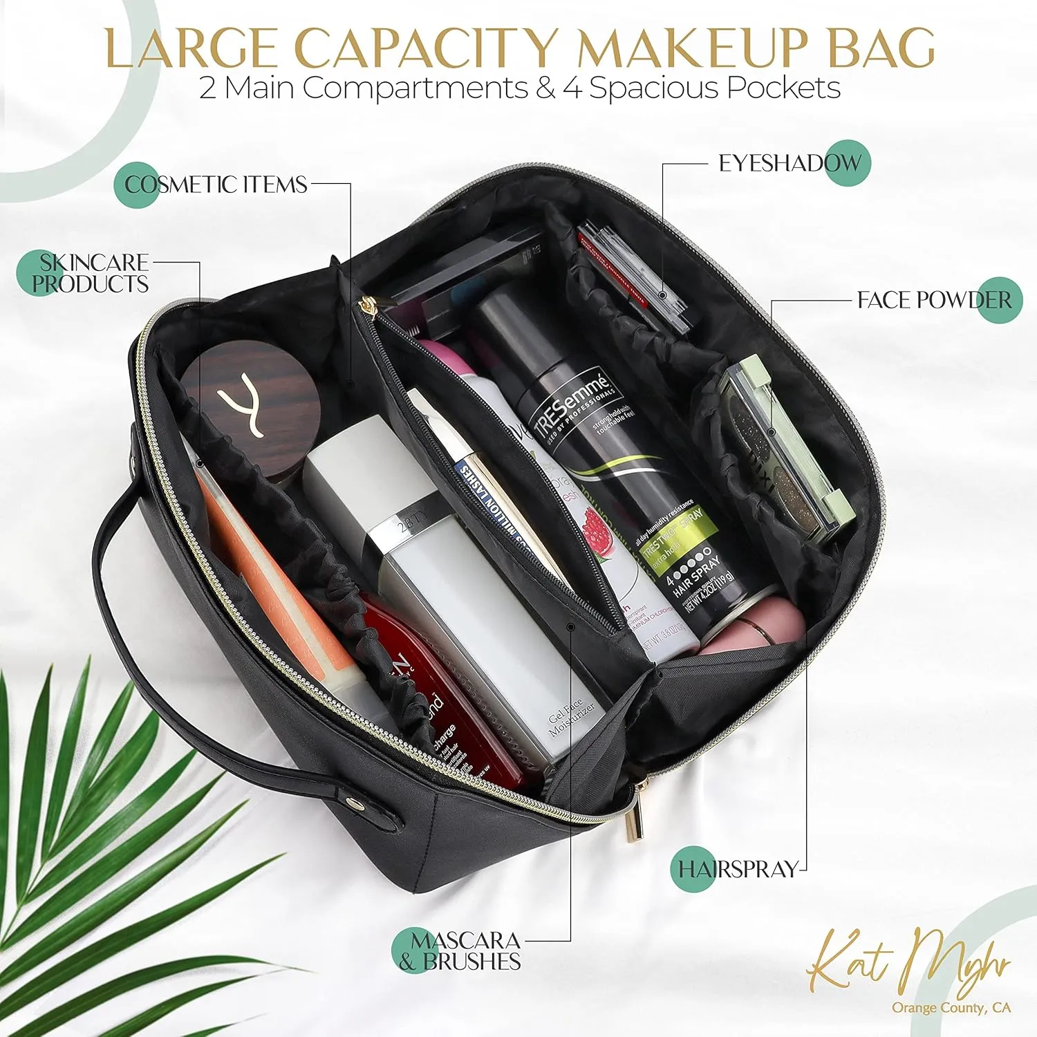Kat Myhr Large Capacity Travel Cosmetic Bag - Waterproof Makeup Organizer - Cute Travel Makeup Bag for Women