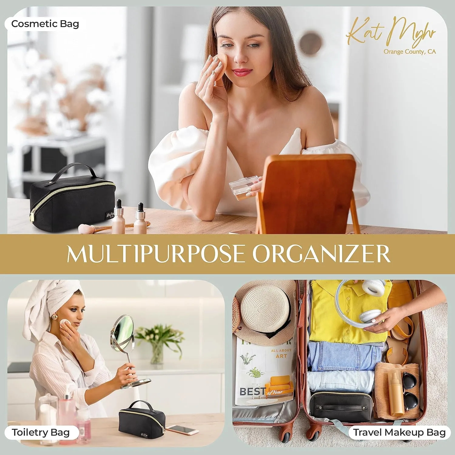 Kat Myhr Large Capacity Travel Cosmetic Bag - Waterproof Makeup Organizer - Cute Travel Makeup Bag for Women