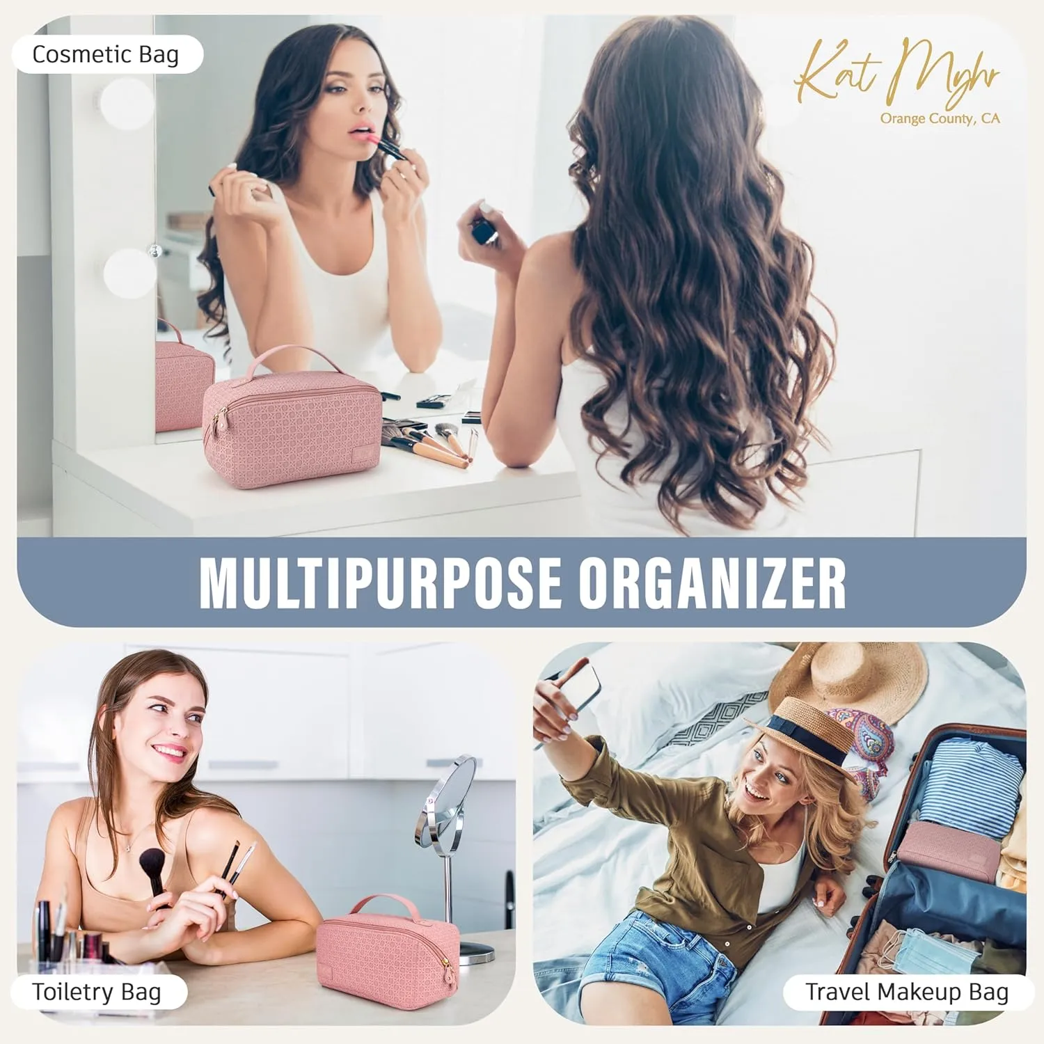Kat Myhr Large Capacity Travel Cosmetic Bag With Handle and Divider - Waterproof Makeup Organizer for Women - Cute Pink Make Up Bag