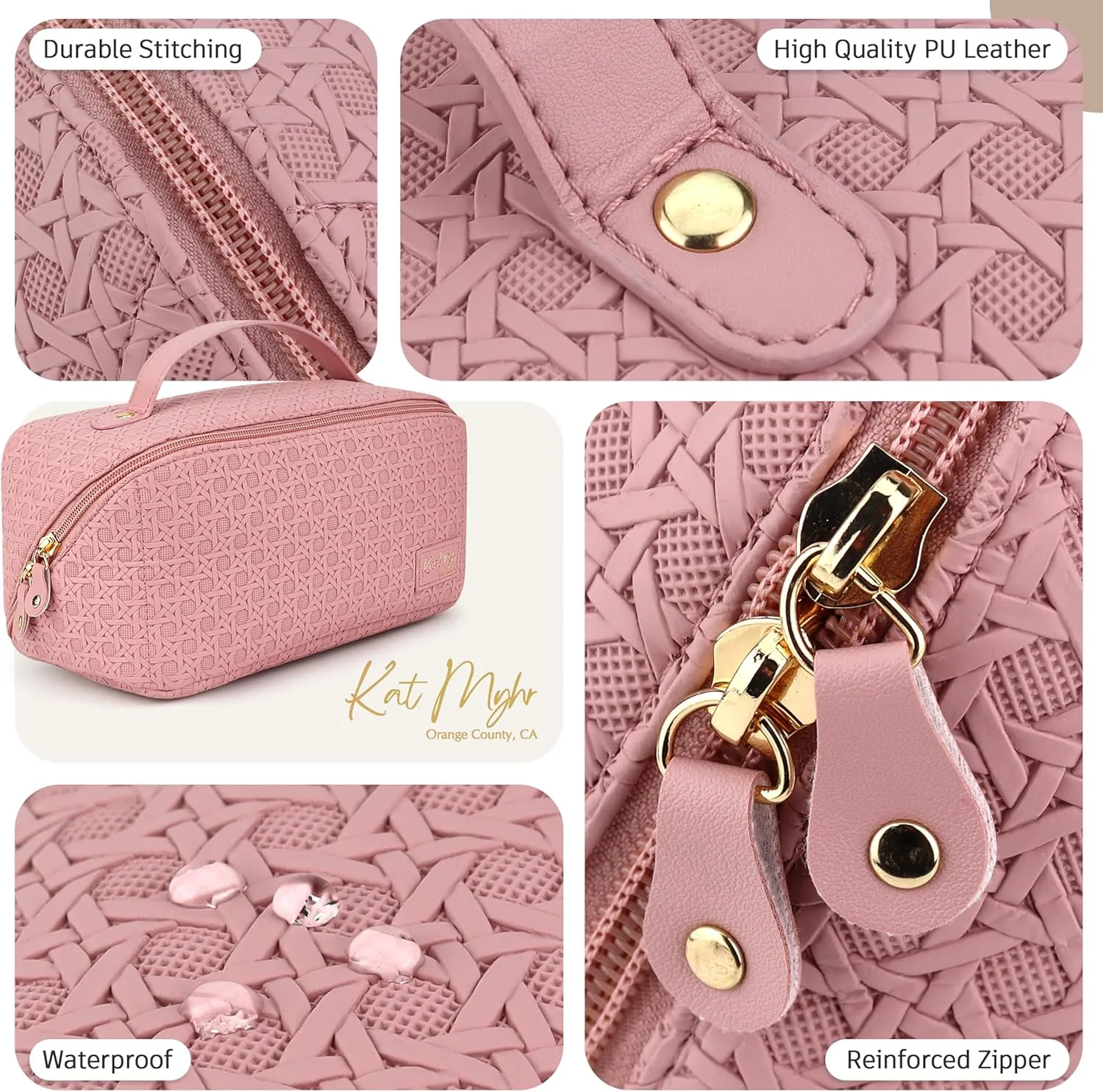 Kat Myhr Large Capacity Travel Cosmetic Bag With Handle and Divider - Waterproof Makeup Organizer for Women - Cute Pink Make Up Bag