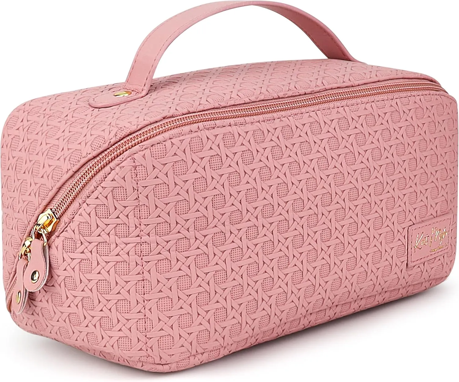 Kat Myhr Large Capacity Travel Cosmetic Bag With Handle and Divider - Waterproof Makeup Organizer for Women - Cute Pink Make Up Bag