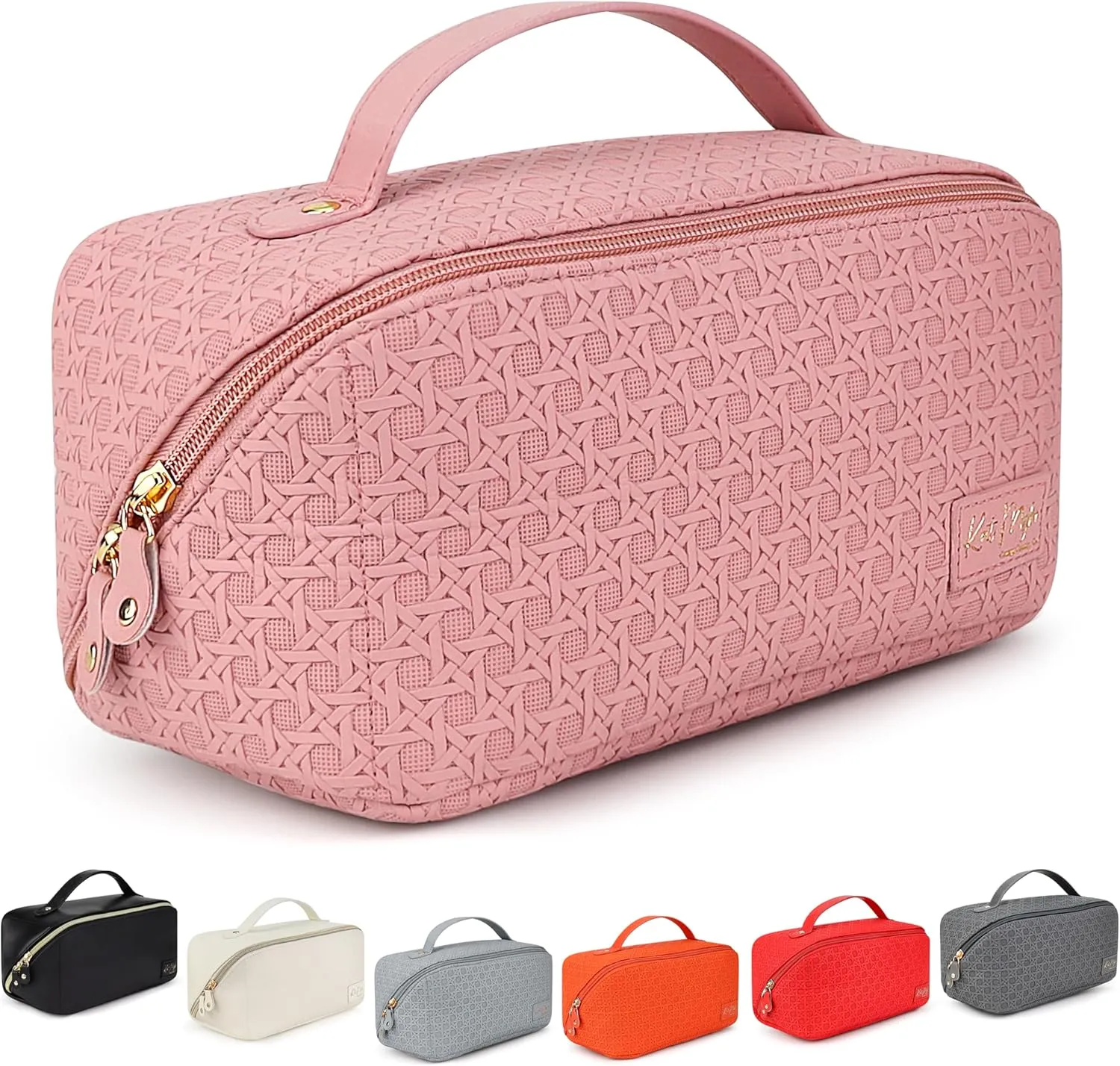 Kat Myhr Large Capacity Travel Cosmetic Bag With Handle and Divider - Waterproof Makeup Organizer for Women - Cute Pink Make Up Bag