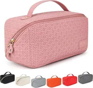 Kat Myhr Large Capacity Travel Cosmetic Bag With Handle and Divider - Waterproof Makeup Organizer for Women - Cute Pink Make Up Bag