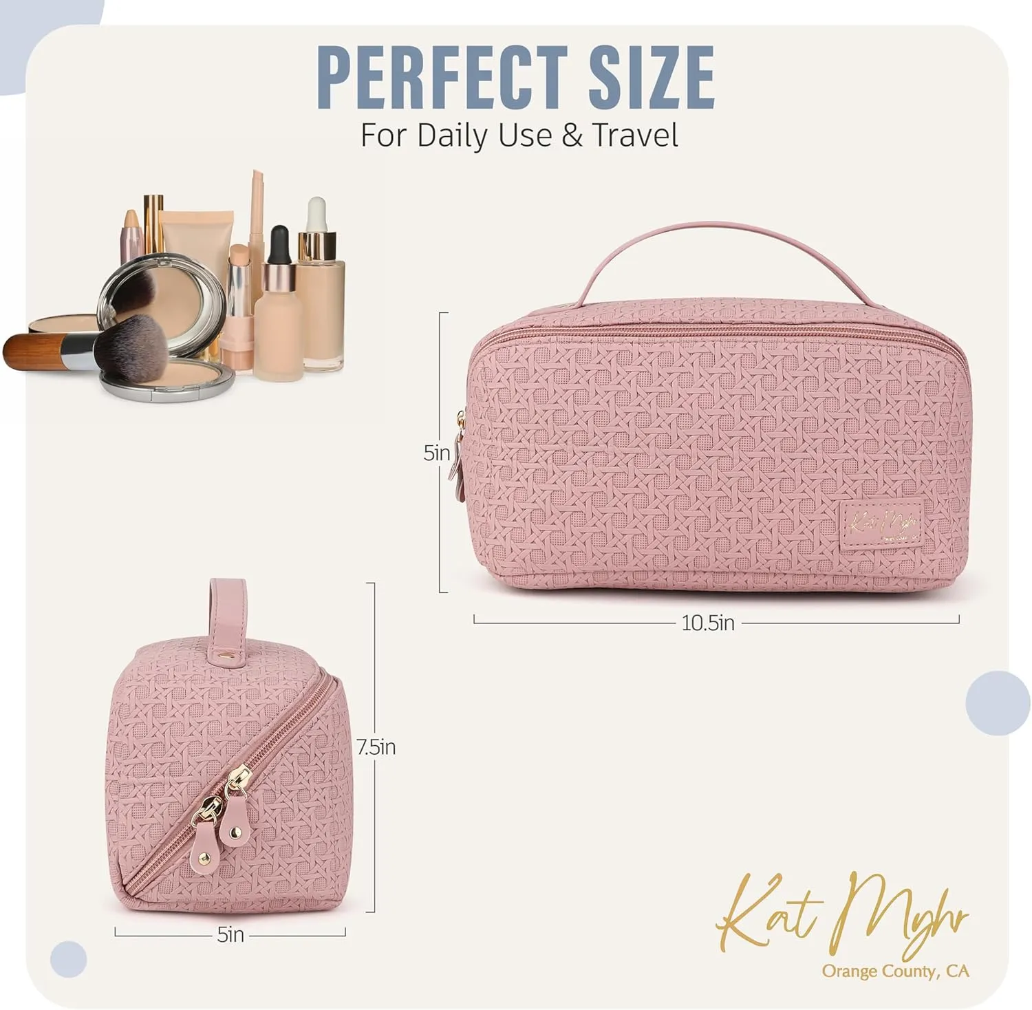 Kat Myhr Large Capacity Travel Cosmetic Bag With Handle and Divider - Waterproof Makeup Organizer for Women - Cute Pink Make Up Bag
