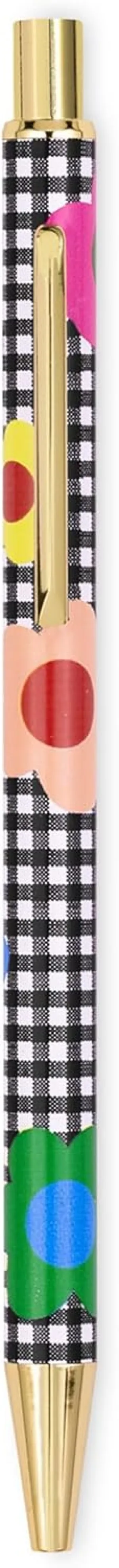 kate spade new york Click Pen, Gold Metal Pen for Note Taking, Pen With Clip and Click Button, Gingham Garden